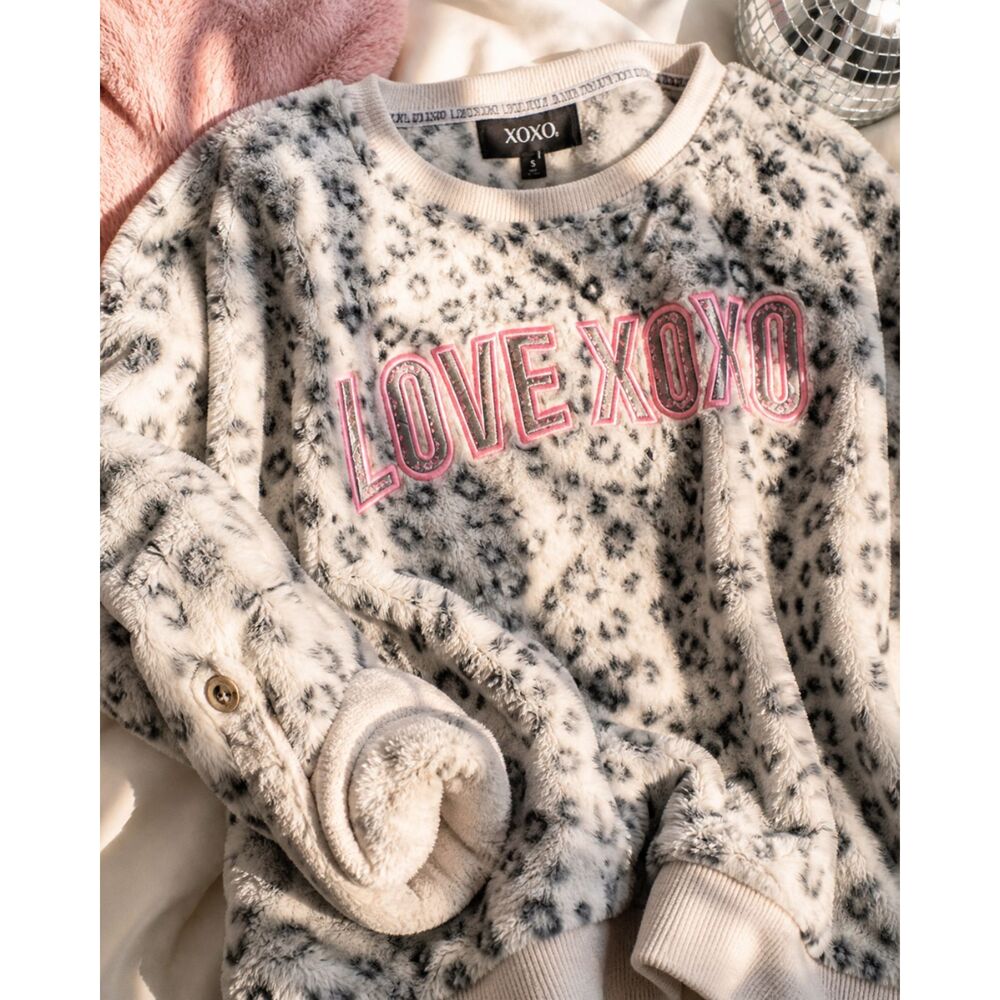 Y2K Leopard Fleece Pullover Cozy Soft Lounge Sweatshirt XOXO Love Small